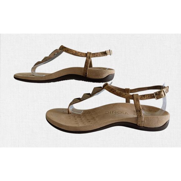 Vionic Nala Orthotic Tan Gold T-Strap Thong Sandals Cork  Vionic Orthaheel Nala Gold Cork Suede Thong Sandals  Sz 6